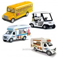 Magical Memories Collection Diecast Toy Trucks Set of 4 | Ice Cream Truck Food Truck School Bus Golf Cart | Pullback Truck Toys for Boys and Girls and Detailed Interior