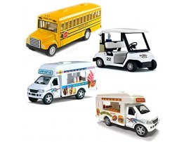 Magical Memories Collection Diecast Toy Trucks Set of 4 | Ice Cream Truck Food Truck School Bus Golf Cart | Pullback Truck Toys for Boys and Girls and Detailed Interior