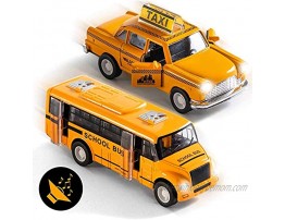 Top Race Metal Diecast School Bus and Taxi Pull Back Battery Powered with Lights and Sound 1:32 Scale Set of 2