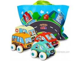 UNIH Baby Soft Vehicle Toys Toddlers Plush Car Set with Play Mat Storage Bag 1 2 3 Year Old Toys Pull-Back Car 4pcs 2021 Version