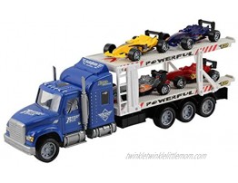 Vokodo Friction Powered Toy Semi Truck Trailer 14.5 With Four Formula 1 Race Cars Kids Push And Go Big Rig Carrier 1:32 Scale Auto Transporter Semi-Truck Play Vehicle Great Gift For Children Boy Girl