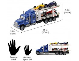 Vokodo Friction Powered Toy Semi Truck Trailer 14.5 With Four Formula 1 Race Cars Kids Push And Go Big Rig Carrier 1:32 Scale Auto Transporter Semi-Truck Play Vehicle Great Gift For Children Boy Girl