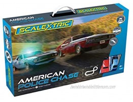 Scalextric American Police Chase AMC Javelin vs Dodge Challenger Police Car 1:32 Slot Car Race Track Set C1405T Red & Blue