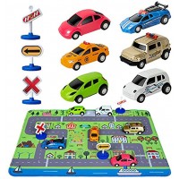 Car Toys with Play Mat 6 Toy Cars 3 Road Signs 14 x 18 City Playmat City Vehicle Set Mini Pull Back Vehicle Toys for 3 4 5 Year Old Boys Toddlers