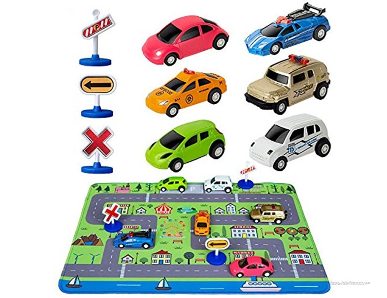 Car Toys with Play Mat 6 Toy Cars 3 Road Signs 14 x 18 City Playmat City Vehicle Set Mini Pull Back Vehicle Toys for 3 4 5 Year Old Boys Toddlers