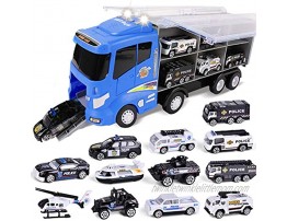 FUN LITTLE TOYS 12 in 1 Die-cast Police Car Transport Truck Car Carrier Toy with Mini Police Vehicles