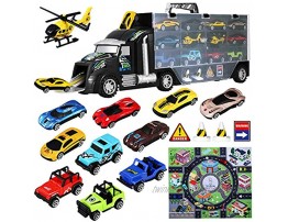 iBaseToy Transport Car Carrier Truck Toy for Boys and Girls 18 Pieces Toy Truck Carrier with Car Toys Inside Includes 1 Big Truck 10 Cars 2 Helicopters 1 City Map & 4 Accessories