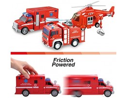 Joyin 3 in 1 Friction Powered City Fire Rescue Vehicle Truck Car Set Including Helicopter Ambulance and Fire Engine with Light and Sound