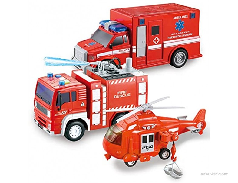 Joyin 3 in 1 Friction Powered City Fire Rescue Vehicle Truck Car Set Including Helicopter Ambulance and Fire Engine with Light and Sound