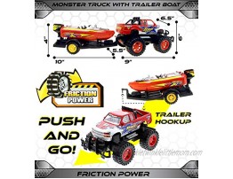 Mozlly Monster Truck Trailer & Speed Boat Friction Push Powered Hauler Play Set Outdoor Beach Sandbox Boy Toy Monster Truck Fun Toy Vehicle Adventure for Boys Kids Toddlers Red Or Black Color
