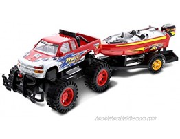 Mozlly Monster Truck Trailer & Speed Boat Friction Push Powered Hauler Play Set Outdoor Beach Sandbox Boy Toy Monster Truck Fun Toy Vehicle Adventure for Boys Kids Toddlers Red Or Black Color