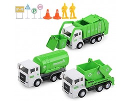 Toy Vehicles Set 3 Pack Sanitation Truck Car Model Garbage Trucks Water Tanker Playset with 8 Signpost Friction Power for Boys Age 3 and UP Toddlers Kids Holiday Birthday Gift Children