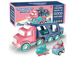 Transport Car Carrier Truck Set with Light and Sound 5 in 1 Pink Double Deck Container Truck with 4 Mini Cartoon Pull Back Vehicle Construction Car Gift Toy for Girl Toddler Kid Christmas Birthday