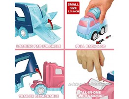 Transport Car Carrier Truck Set with Light and Sound 5 in 1 Pink Double Deck Container Truck with 4 Mini Cartoon Pull Back Vehicle Construction Car Gift Toy for Girl Toddler Kid Christmas Birthday