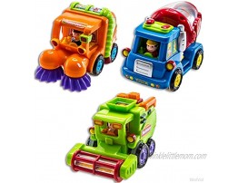 WolVolk Set of 3 Push and Go Friction Powered Car Toys for Boys Street Sweeper Truck Cement Mixer Truck Harvester Toy Truck Cars Have Automatic Functions