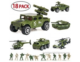 18 Pack Die-cast Military Vehicles Sets,6 Pack Assorted Alloy Metal Army Models Car Toys and 12 Pack Soldier Army Men Mini Army Toy Tank,Panzer,Anti-Air Vehicle,Helicopter Playset for Kids Boys