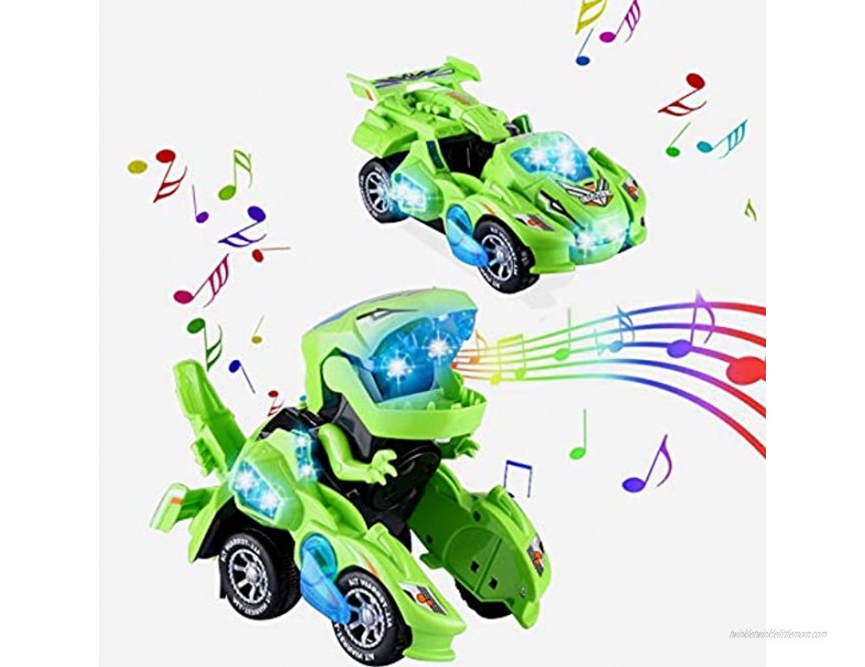 Bluelover Transforming Dinosaur Toys Transforming Dinosaur Car Automatic Transform Dino Cars with Music and LED Light Transform Car Toy for Kids Boys Girls Birthday Gifts Green