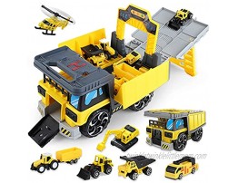 Construction Truck Car Toys Set for Boys 5 in 1 Carrier Truck Toddler Toys Tractor Toys with Matchbox Bulldozer Dump Truck Ladder Truck Excavator Helicopter for 3+ Years Old Boys Girls
