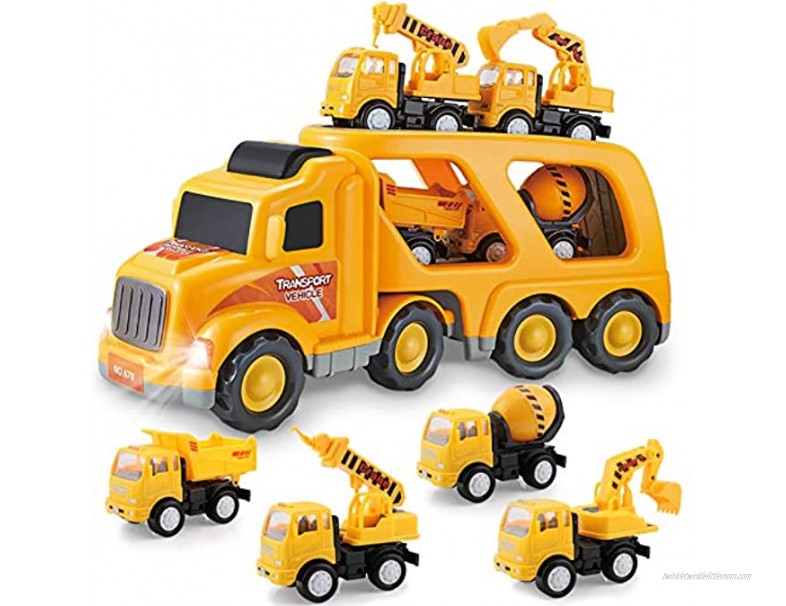 Construction Truck Toys for 3 4 5 6 Years Old Toddlers Kids Boys and Girls Car Toy Set with Sound and Light Play Vehicles in Friction Powered Carrier Truck Small Crane Mixer Dump Excavator Toy