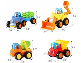 Coogam 4 Pack Friction Powered Cars Construction Vehicles Toy Set Cartoon Push and Go Car Tractor Bulldozer Cement Mixer Truck Dumper for Year Old Boy Girl Kid Gift