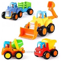 Coogam 4 Pack Friction Powered Cars Construction Vehicles Toy Set Cartoon Push and Go Car Tractor Bulldozer Cement Mixer Truck Dumper for Year Old Boy Girl Kid Gift