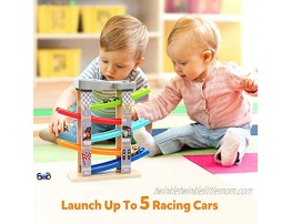 Coogam Wooden Race Track Car Ramp Toy for Toddler Color Vehicle Construction Set with 5 Mini Racer Cars Fine Motor Skill Montessori Building Learning Toys Gift for 3 4 5 Years Old Baby Kids