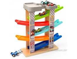 Coogam Wooden Race Track Car Ramp Toy for Toddler Color Vehicle Construction Set with 5 Mini Racer Cars Fine Motor Skill Montessori Building Learning Toys Gift for 3 4 5 Years Old Baby Kids