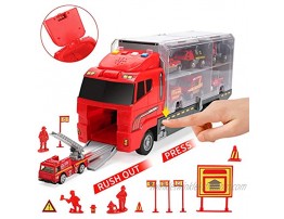 CUTE STONE 28 in 1 Fire Trucks with Sound and Light Friction Powered Cars with 10 Mini Firetrucks Rescue Emergency Double Side Carrier Truck Set Birthday Gift for Boys Toddlers Kids Age 3+