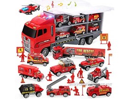 CUTE STONE 28 in 1 Fire Trucks with Sound and Light Friction Powered Cars with 10 Mini Firetrucks Rescue Emergency Double Side Carrier Truck Set Birthday Gift for Boys Toddlers Kids Age 3+