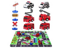 Fire Truck Toys with Play Mat 6 Fire Engines 3 Road Signs 14 x 18 Fire Rescue Playmat Mini Pull Back Car Toys for 2 3 4 5 Year Old Boy Toddlers