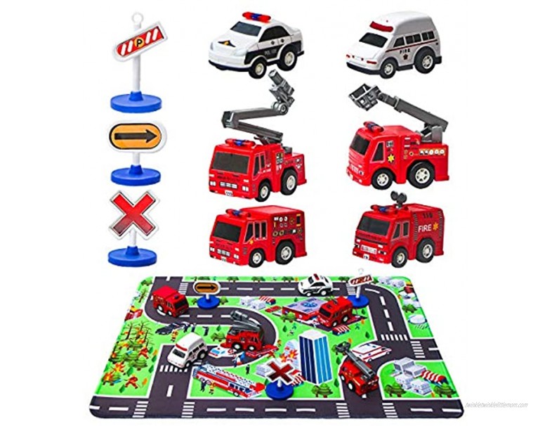 Fire Truck Toys with Play Mat 6 Fire Engines 3 Road Signs 14 x 18 Fire Rescue Playmat Mini Pull Back Car Toys for 2 3 4 5 Year Old Boy Toddlers