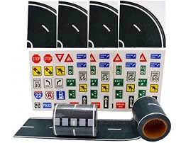 Fun Road Tape for Toy Cars 2 Rolls of 33’x2.4” Bonus 100 Die Cut Traffic Sign Stickers and 4 Curves Perfect to Keep Your Kids Away from Screens Develop Their Imagination and Memory Play and Learn