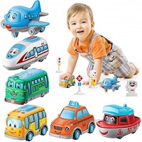 Geyiie Cartoon Cars Toy Die Cast Toddler Pull Back Cars Mini Alloy Helicopter Boat Toy Set 1:64 Scale Metal Play Vehicle for Babies Boys Girls Kids Party Favors 6 Pack