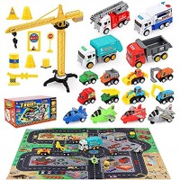 HONYAT Construction Toys Engineering Vehicles Set with Play Mat Pull Back City Cars and Trucks Toy Cars Set with Tower Crane Building Educational Gift for Boys 3 4 5 6 7 Years Old