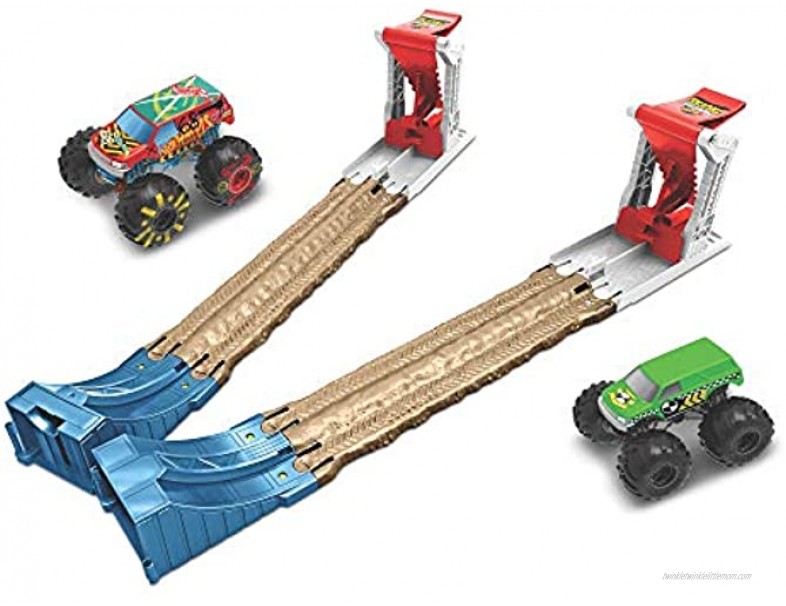 Hot Wheels Monster Trucks Double Destruction 3-in-1 Play Set with 1 1:64 Scale die-cast Metal Body Monster Truck 1 Plastic Crash Dummy 2 Slam Launchers with Short Straight Tracks & Ramps