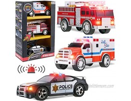 Liberty Imports 3-in-1 True Hero Emergency Rescue Vehicles Kids Toy Cars Playset Ambulance Fire Truck and Police Car with 3-Button LED Light and Sound Effects