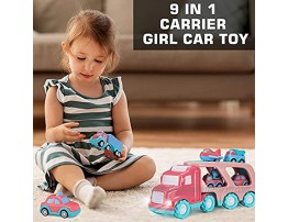 Pink Car Carrier Truck Set9 in 1 with Lights and Sounds Friction Powered Double Deck Container Transport Truck with 8 Mini Cartoon Pull Back Vehicles Girls Toy for Kid Child Toddler Birthday Gift