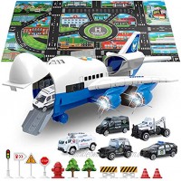 SLENPET Large Airplane Toy with 6 Police Cars Set 32.6x22.4 Inch Play Mat 11 Road Signs 9 in 1 Vehicle Toys for 2 & 3 Year Old Boys Kids Toddlers Childs