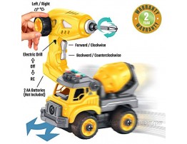 Take Apart Toys with Electric Drill RC| Construction Trucks Set 4 in 1 with 360° Remote Control Sounds & Lights Rechargeable Battery 36Pcs DIY STEM Toys for 4 5 6 7 Year Old Boys or Girls