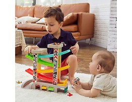 TOP BRIGHT Car Ramp Toy for 1 2 3 Year Old Boy Gifts Toddler Race Track Toy with 4 Wooden Cars and 3 Car Garage