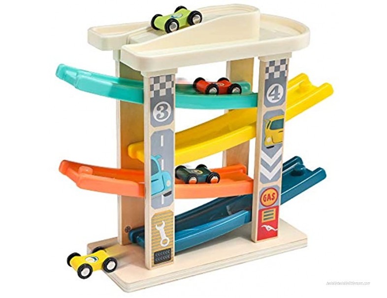 TOP BRIGHT Toddler Toys Race Track for 2 Years Old Boy Gifts Baby Car Toy Car Ramp Vehicle Playsets with 4 Wooden Cars & Garage