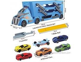 TOYLI Vehicle Playset Hauler Truck with Track Launcher 6 Metal Die-Cast Vehicles Cars Toys for Kids