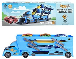 TOYLI Vehicle Playset Hauler Truck with Track Launcher 6 Metal Die-Cast Vehicles Cars Toys for Kids