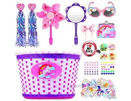 Hicdaw 135Pcs Kid's Bicycle Basket Streamers Set Unicorn Bicycle Basket with Sunglasses Bicycle Bell Decorations Set Kids Bike Accessories Flower Girl Basket