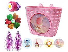 Noviko Children Bicycle Accessories,Bike Basket,Kids Bicycle Front Handlebar Basket with 4 Pcs Stickers，Bike Bell Bicycle Windmill and Streamers for Girls Bike DIY Set