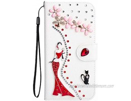 White Leather Diamond Strap Case for LG V60 ThinQ,Herzzer Stylish 3D Handmade Bling Glitter Soft Silicone Stand Wallet Flip Case,Red Dress Girl