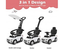 Costzon 3 in 1 Ride on Push Car Licensed Volvo Ride on Toy for Kids Toddler Stroller w Sun Canopy Safety Bar Parental Handle Horn Music Sliding Walking Car Gift for Boys & Girls White