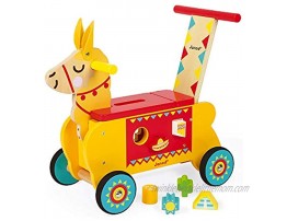 Janod Multi-Activities Wooden Llama Toddler Ride-On – Baby Sit-to-Stand Push Toy with Original Shape Sorter Accessories – Physical Imaginative and Developmental Play – Ages 12 Months+ J08004