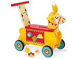 Janod Multi-Activities Wooden Llama Toddler Ride-On – Baby Sit-to-Stand Push Toy with Original Shape Sorter Accessories – Physical Imaginative and Developmental Play – Ages 12 Months+ J08004