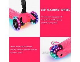 IMMEK Kick Scooter for Kids 3 Wheels Folding Ages 3-12 Years Old Toddler with Three LED Light Wheel Adjustable Height Rear Brake Outdoor Activities for Boys Girls Maximum Weight 110 lb Rose Red